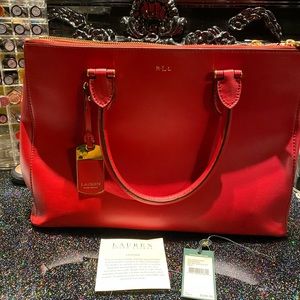 Ralph Lauren Leather Winford red dbl zip satchel (bag). Gold trim, with strap